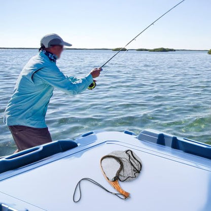 Fly Fishing Net Wooden Frame Landing Catch Release Net Ergonomic Handle Hexagonal Mesh Fish Friendly Design for Stream River Fly Fishing Outdoor Sports Equipment Natural Wood Finish