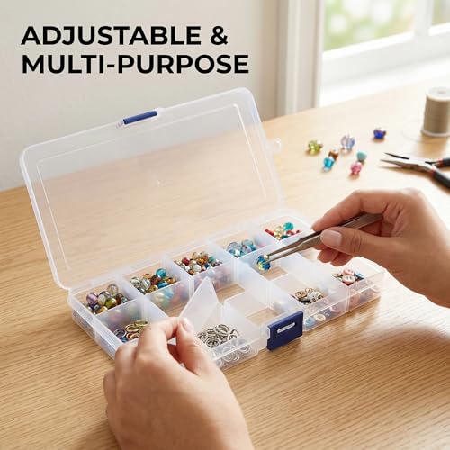 Fishing Tackle Box 15 Compartments Plastic Storage Tray With Removable Dividers, Blue Latch 17x10cm Clear Plastic Organizer Box For Storing Fishing Lures Hooks Jewelry Beads Small Hardware
