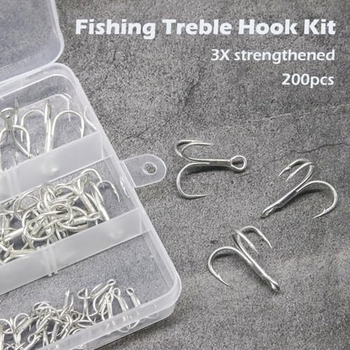 Fishing Treble Hooks Kit, Large Size High Carbon Steel Hooks 3X Strong Sharp Round Bend Hooks with Split Rings for Saltwater Freshwater Fishing 200pcs/Box Mixed 5 Size 2 4 6 8 10 - color: Silver