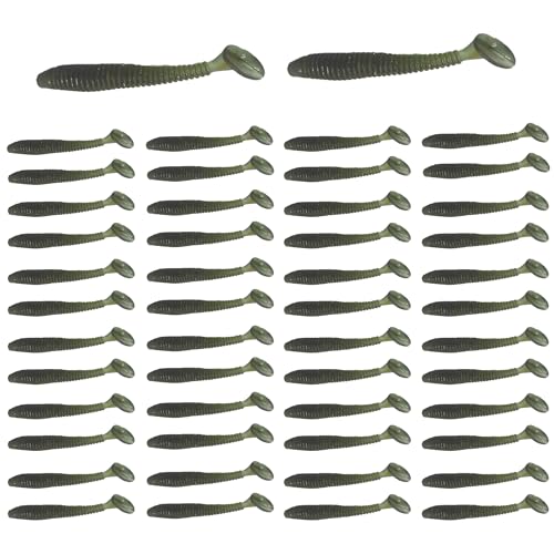 50PCS 5cm Soft Plastic Fishing Lures, PVC Paddle Tail Swimbaits for Bass Trout Walleye Crappie, T-Tail Grub Worm Baits Tackle Accessory - color: Dark Brown
