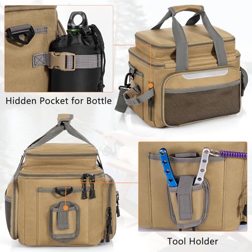 Fishing Tackle Bag - Holds 3400-3600 Size Tackle Boxes -Saltwater & Freshwater Fishing Bags - Padded Shoulder Strap Fishing Bags (Kahki) (Bag Only) - color: Kahki, style: Bag Only