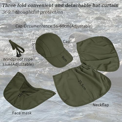2Pack Men’s Foldable Sun Hat with Removable Face Mask & Neck Flap, UPF 50+ UV Protection, Quick-Drying Outdoor Fishing Cap - color: Light Grey+army Green