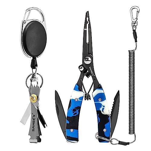 SAMSFX Locking Fishing Pliers Saltwater Resistant Teflon Coated Briad Line Cutters with Wire Coiled Lanyard, Sheath & Quick Knot Tool Combo - color: Blue Camouflage