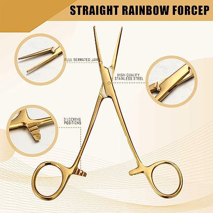 BBTO Hemostat Curved and Straight Hemostat Forceps Piercing Pliers Forceps, Stainless Steel Straight and Curved Pliers, Fishing Tweezer(Gold,2 Pcs) - color: Gold