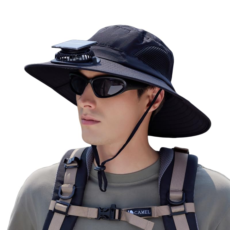 Extra Wide Brim Solar Fan Hat, Mens Fishing Hat with Fan, Neck Flap Sun Hat, UPF 50+ Solar Powered Cooling Cap Fisherman Hats - color: Black