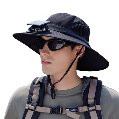Extra Wide Brim Solar Fan Hat, Mens Fishing Hat with Fan, Neck Flap Sun Hat, UPF 50+ Solar Powered Cooling Cap Fisherman Hats - color: Black