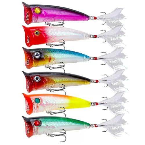 Popper Fishing Lures Topwater Fishing Baits Hard Baits 3D Eyes Swimbait Crankbait with Treble Hook for Bass Trout Freshwater Saltwater - color: 6pcs-3in/0.39oz