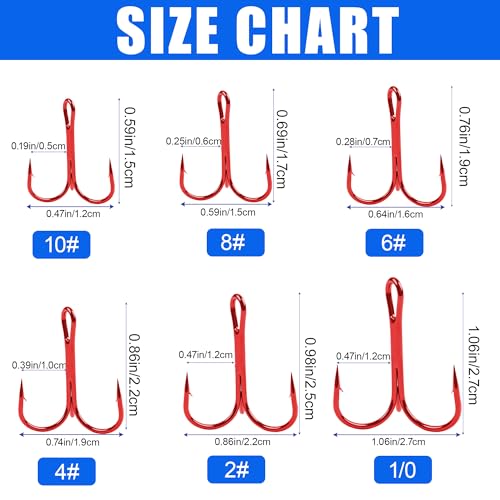 50 Pack Fishing Treble Hooks Kit High Carbon Steel Fish Hook Strong Sharp Round Bend Split Rings for Lures Baits Saltwater Freshwater Fishing Size 1/0 2 4 6 8 10 - color: Red, size: 6# - 50pcs