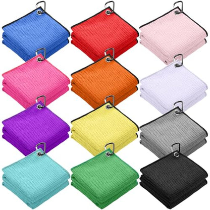 Batiyeer 12 Pcs Golf Towel Bulk for Golf Bags Microfiber Fabric Towel with Clip Waffle Pattern, Fitness, Camping, Hiking, Yoga - color: Vivid Color