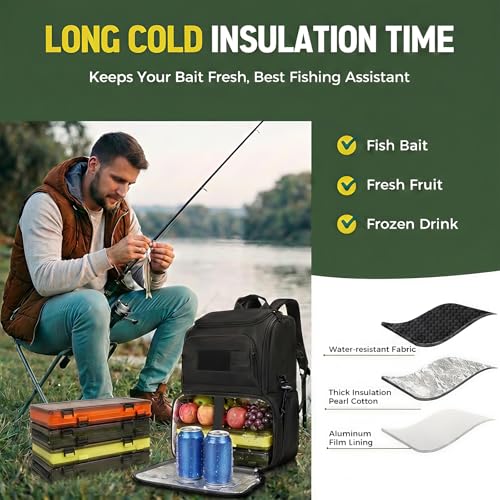 MATEIN Fishing Backpack Tackle Box, Tackle Backpack with Cooler for Men | Tackle Box Backpack, Fishing Bag with Rod Holders, Hold 4 3600 Tackle Boxes, Water Resistant, Gear Accessories, Fishing Gifts - color: Black