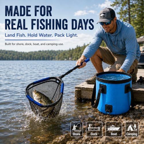 Foldable Fishing Landing Net and 12L Collapsible Water Bucket Set, Portable 2-in-1 Fishing Gear for Anglers, Extendable Anti-Tangle Fish Net with Folding Bucket for Shore, Dock, Boat and Camping
