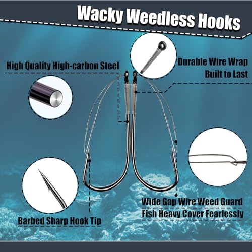 9KM DWLIFE Weedless Wacky Rig Hooks 30PCS Bass Hooks Super Strong Wacky Worm with Wire Guard for Neko Rig - size: 2/0#
