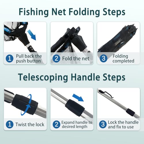 Floating Telescoping Rubber Fishing Net with Handle Lightweight Fly Fish Net Silicone Foldable Freshwater and Saltwater Extendable Fishpond Kayak Fish Landing Net - color: Floating Polyester Fiber Coated Net-Blue&Silver-36"