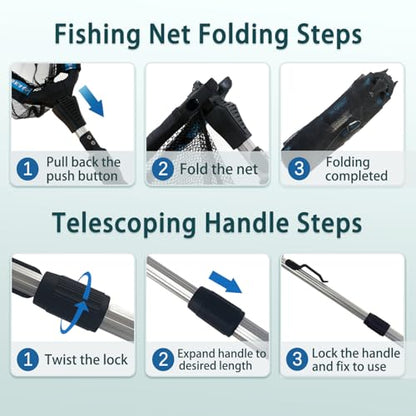 Floating Telescoping Rubber Fishing Net with Handle Lightweight Fly Fish Net Silicone Foldable Freshwater and Saltwater Extendable Fishpond Kayak Fish Landing Net - color: Floating Polyester Fiber Coated Net-Blue&Silver-36"