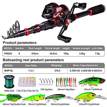 Fishing Rod and Reel Combo, 6.9ft Carbon Fiber Telescopic Fishing Pole with Spinning/Baitcasting Reel Combos, Sea Saltwater Freshwater Ice Bass Fishing Tackle Set Fishing Rods Kit - color: B:Baitcasting Combo 6.9FT+Left Handed Reel