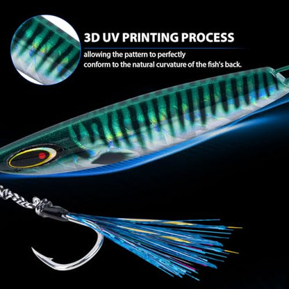 Goture Fishing Jigs, 30g 40g 50g 60g Vertical Jig Saltwater Freshwater, Jig Lures with Assist Hook and Treble Hook, 5PCS Jigging Spoon Lures with Tackle Box, Fishing Jigs for Tuna, Salmon, Bass - color: A2 with Tackle Box, size: 50g