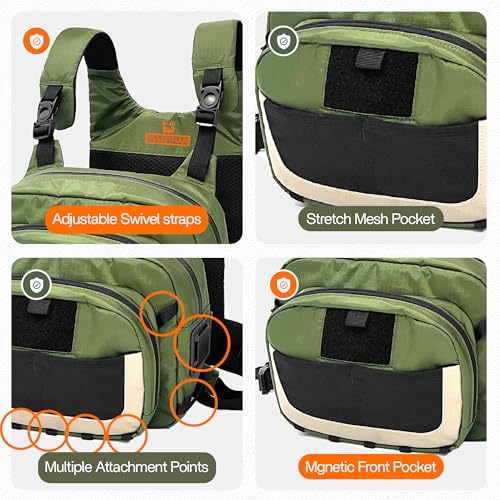 Fishing Chest Pack with Magnetic Pocket, Net Holder and Adjustable Straps | Magnetic Front Pocket, Multiple Storage Compartments, Adjustable Straps, Versatile Chest Bag