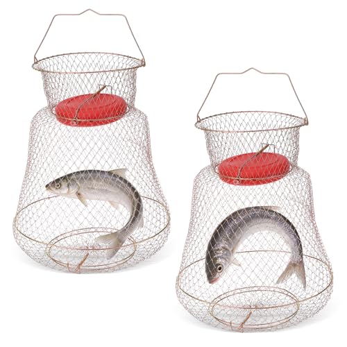 NYXOVA 2 Pack Floatable Galvanized Steel Wire Fish Basket, Portable Fishing Basket Fishing Net Cage, Durable Collapsible Fishing Net, Easy to Use