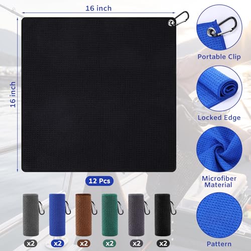 12 Pcs Fishing Towels with Clip 16'' x 16'' Absorbent Microfiber Fishing Towel Hand Towel for Fish Boat Fly Fish Kayaking Hiking Camping and Hiking Towels