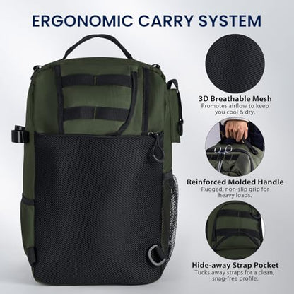 Goture Green Tactical Sling Fishing Bag with Trays, Heavy Duty 1680D Fishing Backpack for Hiking Camping, Adjustable Shoulder Strap with Rod Holder & Tool Pockets, Tackle Box Organizer Bag - color: Green, style: 1680d Double-strand Pu Backpack + (3)3600 T