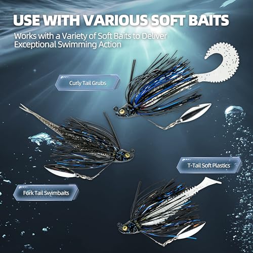 Weedless Swim Jigs & Spinnerbait Jigs Combo Pack, Bass Rubber Jigs with Silicone Skirts, 3D Eyes & Weed Guard for Freshwater Saltwater Bass Trout Fishing - size: 1/2oz