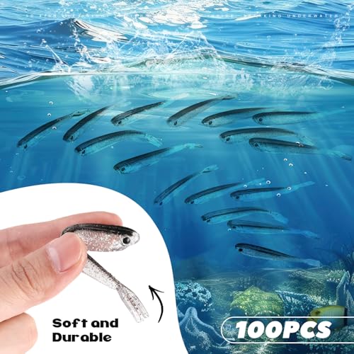 VioraWhite 100 Pcs Plastic Soft Fishing Lure Fishing Baits Paddle Tail Lifelike Swim Baits Tackle Soft Plastic Swimbaits for Saltwater and Freshwater Bass Crappie Trout Walleye Lures