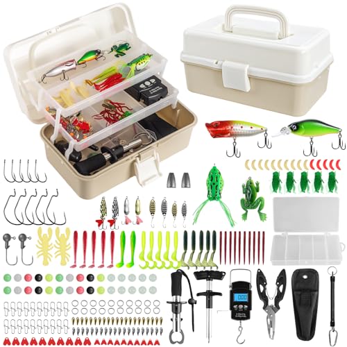 Layers Fishing Tackle Box, 213Pcs Fishing Lures Kit with Small Fishing Tool Kit Containing Weights Scale, Lip Clip, Hook Remover, Fishing Accessories, Fishing Gear for Beginners, Kids, Men, Adults - color: khaki&white