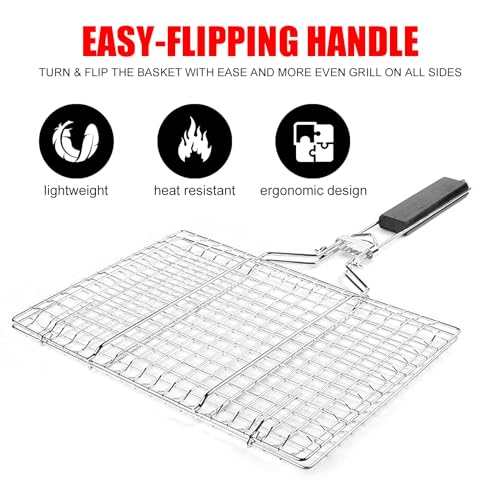 Grill Baskets Fish Grilling Basket for Outdoor Grilling Barbecue Stainless Steel Folding Grill Accessories with Removable Handle, Grill Basket for Bar, Camping, Picnics & Parties. Amazing Grill