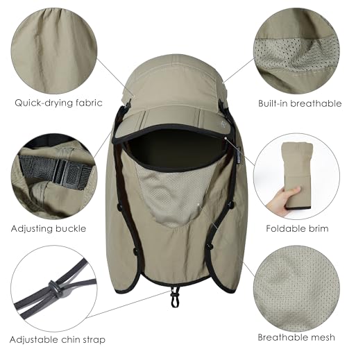 GADIEMKENSD UPF 50+ Folding Fishing Hat 360 Outdoor Sun Hat - color: Khaki