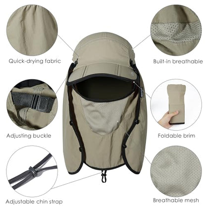 GADIEMKENSD UPF 50+ Folding Fishing Hat 360 Outdoor Sun Hat - color: Khaki