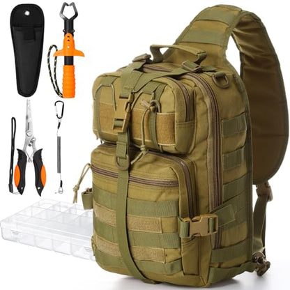 Eccliy 6 Pcs Fishing Tackle Bag Backpack with Rod Holders, Tackle Box, Fishing Pliers Kit and Fish Lip Gripper, Fish Gear and Equipment Fisherman Gift for Men Women - color: Khaki