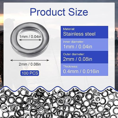 Pndeyo Fly Fishing Tippet Rings, Solid Tippet Connectors, Stainless Steel Freshwater Fishing Line Leaders - size: 100pcs 2mm