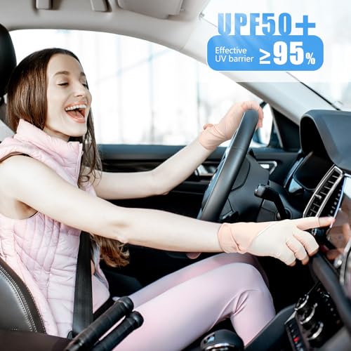 Loopeer 2 Pair Women Sunblock Fingerless Gloves UV Sun Protection UPF 50+ Non Slip Touchscreen Gloves for Summer Driving Manicures - color: Black, Pink