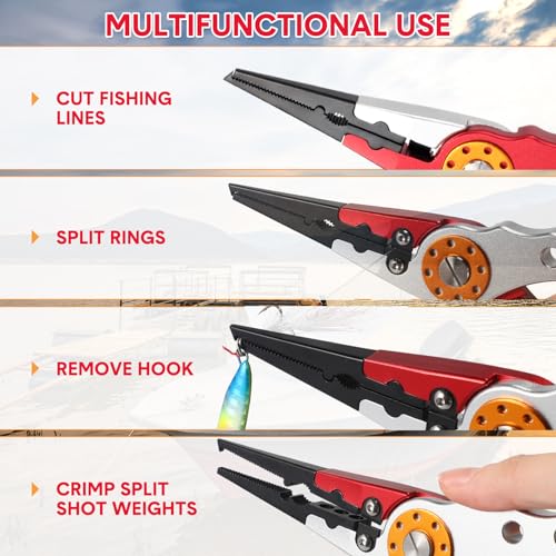 Lasnten 2 Pcs Fishing Pliers Saltwater Braid Cutters 7.8'' Fishing Hook Remover Split Ring Fishing Tools with Sheath and Lanyard Gear Gifts for Fish Line Cutting Boat Fly Ice Fishing (Red, Silver) - color: Red, Silver