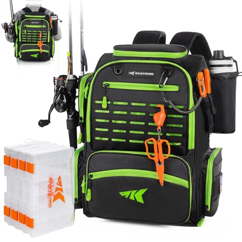 KastKing Bait Boss Fishing Tackle Backpack with Rod Holders-4 Tackle Boxes-Rain Cover,Storage for Fishing Gear - color: C: Grass Green