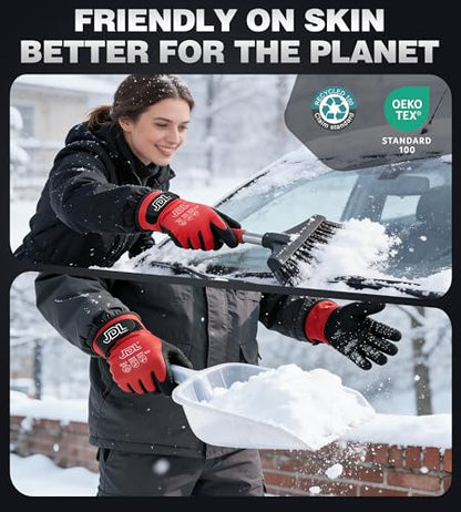 JDL 100% Waterproof Winter Work Gloves for Men & Women, Thermal Insulated Freezer Gloves for Cold Weather, Super Grip Palm, Red, Large, Medium
