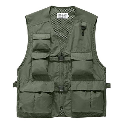 Unisex Breathable Fishing Vest, Multi-Pockets Photography Travel Hunting Waistcoat Jacket for Adults and Youth - color: Green, size: 3X-Large