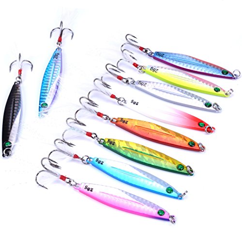 Aorace 10pcs Hard Metal Jigs Diving Sea Fishing Lures Minnow Popper Baits Tackle Crankbait Saltwater Freshwater Lures with Feather - color: 10pcs 7.7cm/28g