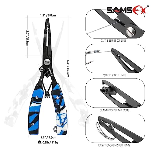 SAMSFX Locking Fishing Pliers Saltwater Resistant Teflon Coated Briad Line Cutters with Wire Coiled Lanyard, Sheath & Quick Knot Tool Combo - color: Blue Camouflage