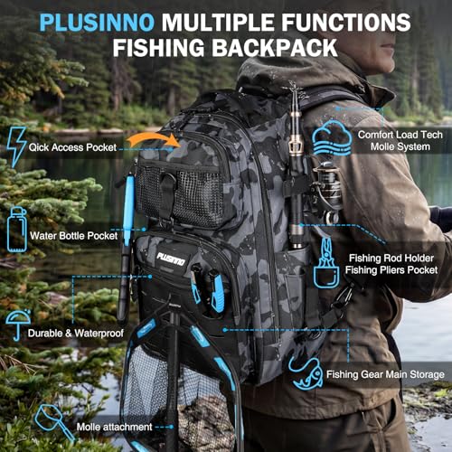 PLUSINNO Fishing Backpack with Fishing Gear Fishing Net, Waterproof Tackle Backpack with Rod Holders, Tackle Box, Lures, Tools, Pliers & Accessories, Fish Gifts for Men - color: Fishing Backpack with Fishing Net