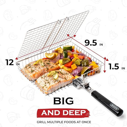 SHIZZO Grill Basket Gift Set - Removable Wooden Handle - Non-Stick Stainless Steel, BBQ Grilling Rack for Fish, Shrimp, Vegetables - Camping & Outdoor Smoker Accessories, Gifts for Dad, Husband