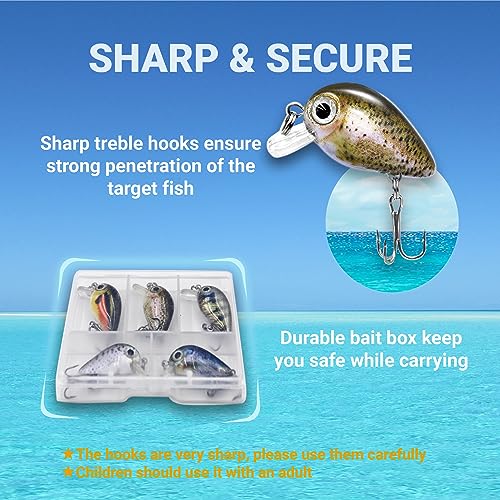 5PCS Micro Crankbait Fishing Lures Set, Lifelike 3D Eyes Hard Bait with Sharp Treble Hooks, Freshwater Saltwater Lures for Bass Trout Perch Walleye Pike, Tackle Box Included