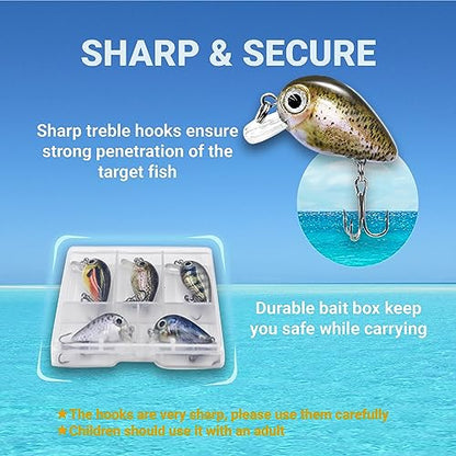 5PCS Micro Crankbait Fishing Lures Set, Lifelike 3D Eyes Hard Bait with Sharp Treble Hooks, Freshwater Saltwater Lures for Bass Trout Perch Walleye Pike, Tackle Box Included