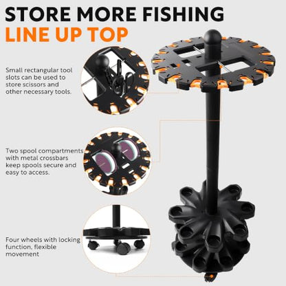 360-Degree Fishing Pole Holder, 16-Rod Fishing Rod Rack with Locking Wheels | Space-saving fishing pole rack for garage with locking wheels, ABS build, dual line slots, soft clips and gift-ready storage