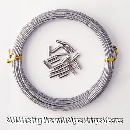 Alwonder 32.8ft Fishing Wire Fishing Leader Line with 20pcs Crimps Sleeves, Nylon Coated 1x7 Stainless Steel Leader Wire Freshwater Saltwater for Pike, Billfish, Bluefish, Muskie, Wahoo - size: 200LB