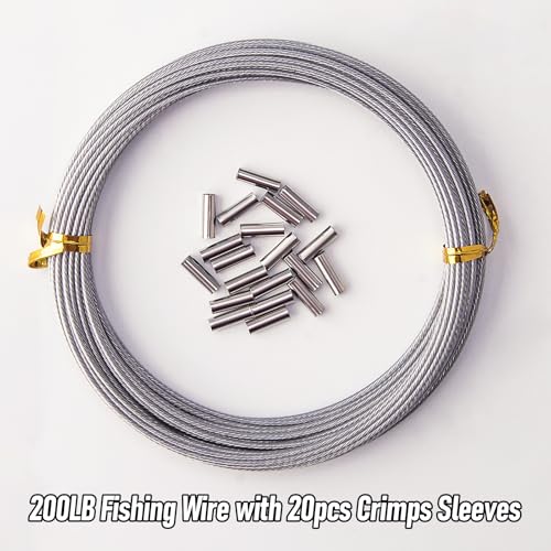 Alwonder 32.8ft Fishing Wire Fishing Leader Line with 20pcs Crimps Sleeves, Nylon Coated 1x7 Stainless Steel Leader Wire Freshwater Saltwater for Pike, Billfish, Bluefish, Muskie, Wahoo - size: 200LB