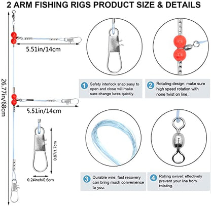 YOTO Fishing Leaders,Saltwater Tackle Rig with Swivels Snap, High-Strength Fishing Wire Gear Equipment for Lures Bait Or Hooks,1Arm and 2Arm - color: Blue Nylon Leaders, style: 2arm，12pack
