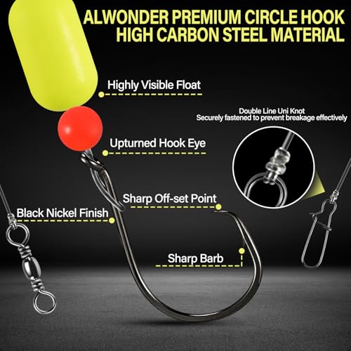 Alwonder 5-Pack Pompano Rigs Surf Fishing Rigs with Snell Floats, Saltwater Live Bait Rig Swivels Duo Lock Snaps Circle Wide Gap Kahle Hooks Rig for Beach Surf Casting Pier Jetty Fishing - color: Red 5-Pack, size: #2/0 Circle Hook