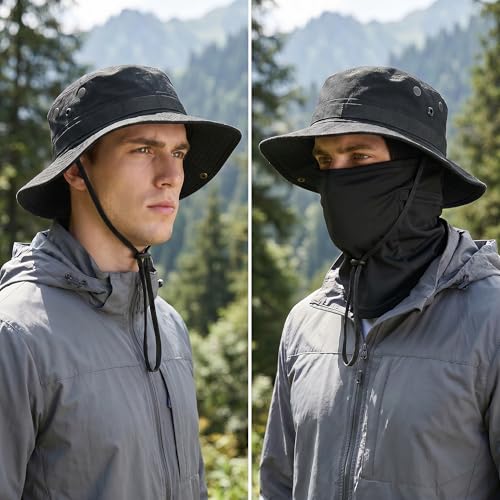 Pistha Sun Hats for Men with Balaclava Face Mask, UV Protection Bucket Hats for Mens Outdoor Fishing Safari Hiking - color: Black
