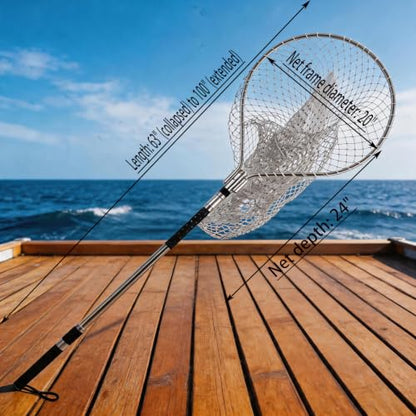 TyQuirlyn Telescopic Fishing Landing Net, 20" Round Frame 24" Deep Double-Strand Nylon Mesh, 63"-100" Dual Lock Stainless Steel Pole, 60LB Load for Big Fish & Animal Rescue